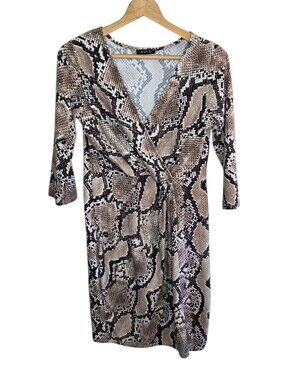 BLVD Black Brown Snakeskin Print Faux Wrap Bodycon Dress Size Large